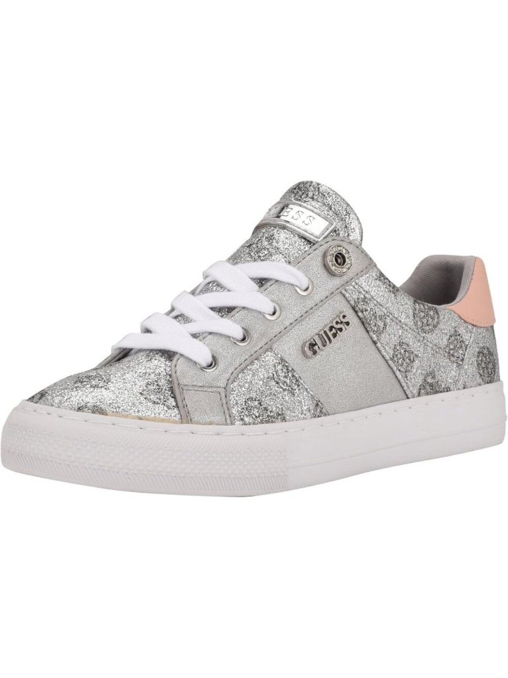 Women's Silver And Pink Glitter Logo Comfort Solid Lace Up Loven Fashion Sneaker